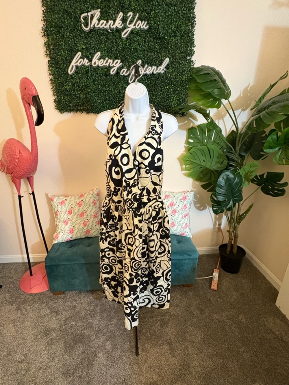 Ashley Stewart Black & Cream Halter Floral Print Midi Dress